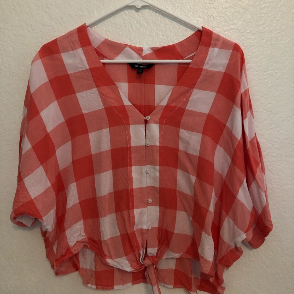express coral checkered tie front top